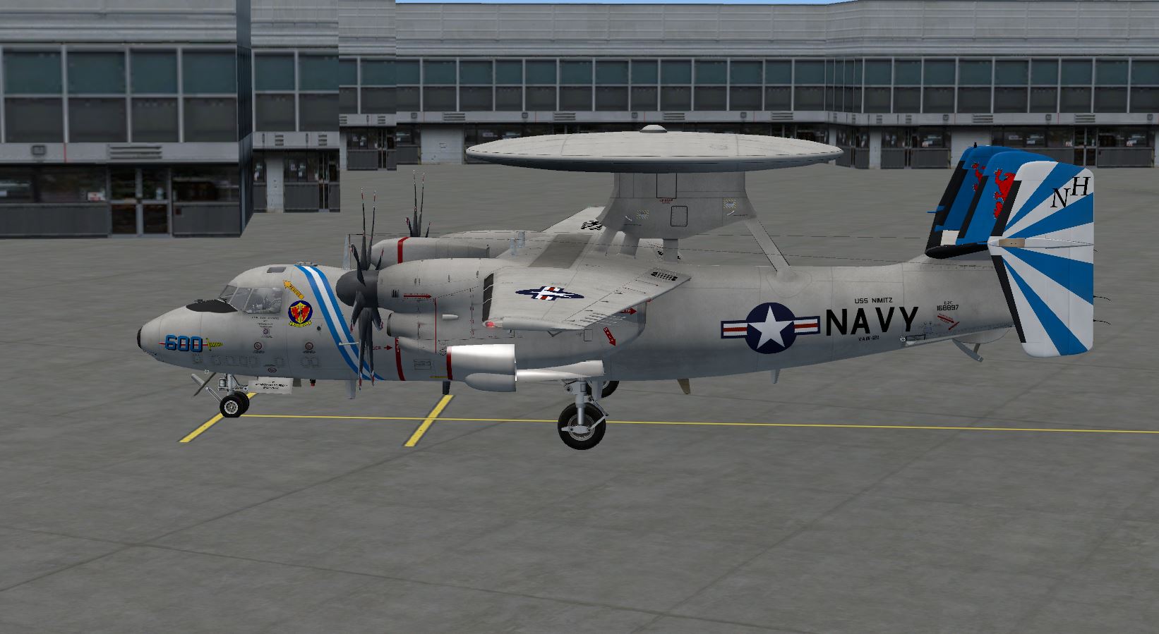 E2 Hawkeye with rotating Radar Dome, and an AEW system that you can't hide from, multiplayer, AI, etc. It will detect it. FSX, FSX-SE, and all versions of P3D TESTED! Also a new EFB, Electronic Flight Bag for direct NAV/GPS Flight routes with a click of a button, no more CDU/FMC to program, get there, get it done, and land Period. Also this is 100% TAC-PAC and/or Acceleration. Or if you have a Sim Carrier, which we do, you can land on it as the Tail Hook and Launch Bars work. The wings also fold for carrier OPS. This is avalible to members of the VAW-117th through the USN Admiral. Extra Textures designed by 